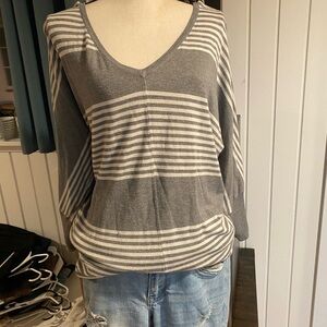 Striped Gray and White V-Neck Sweater